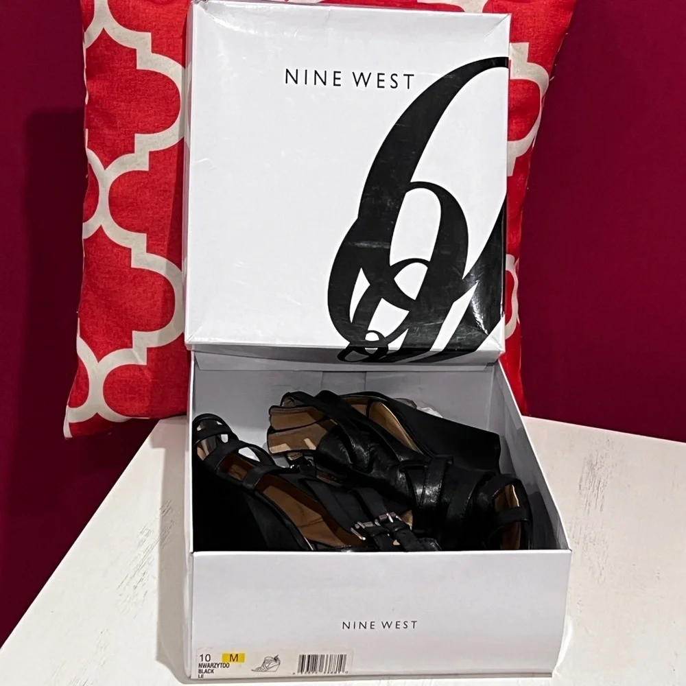 Nine West Black Strappy Wedge Heels